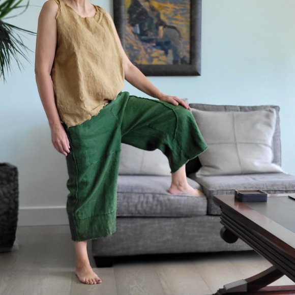 100% Linen harem pants, One Size, green - Picture 2 of 13